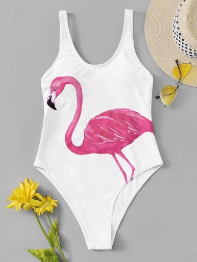 Flamingo Print Low Back One Piece Swimsuit