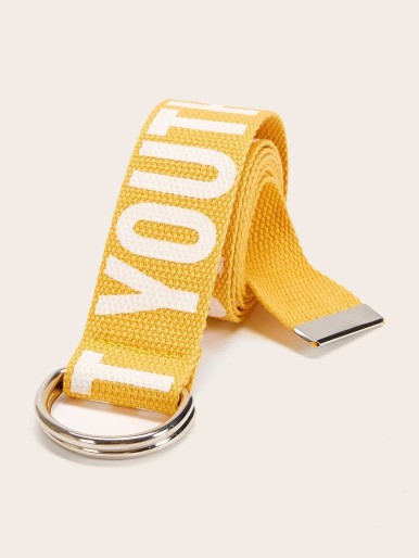 Letter Print Belt With Double D Ring