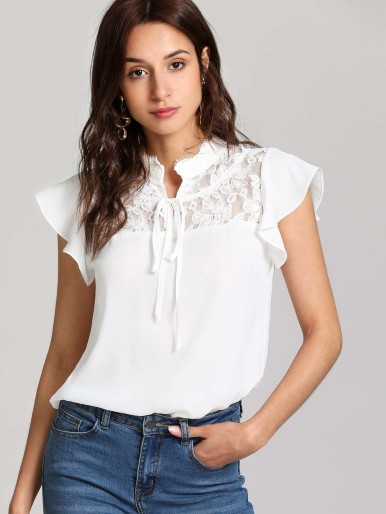 Lace Yoke Tie Front Ruffle Top