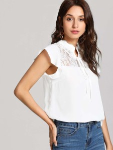 Lace Yoke Tie Front Ruffle Top