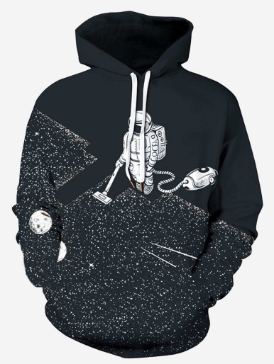 Men Astronaut Print Hooded Sweatshirt