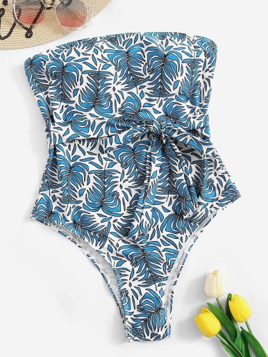 ملابس سباحة قطعة واحدة بحزام مطبوع عليها أوراق عشوائية