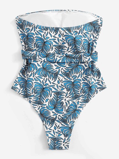 Random Leaf Print Belted Tube One Piece Swimwear