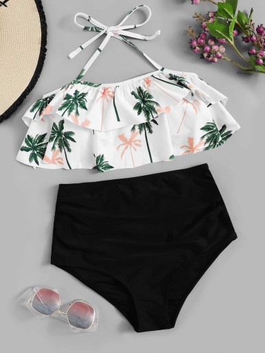 Tropical Ruffle High Waisted Bikini Swimsuit