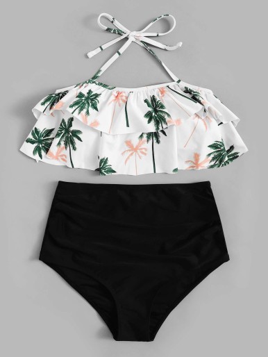 Tropical Ruffle High Waisted Bikini Swimsuit