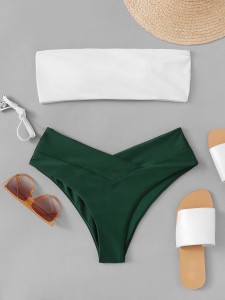 Two Tone High Leg Bandeau Bikini Swimsuit