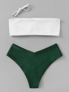 Two Tone High Leg Bandeau Bikini Swimsuit