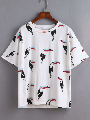 White Woodpecker And Letter Print T-shirt