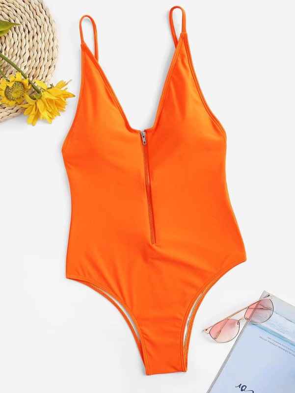 Zipper Front Low Back One Piece Swimwear