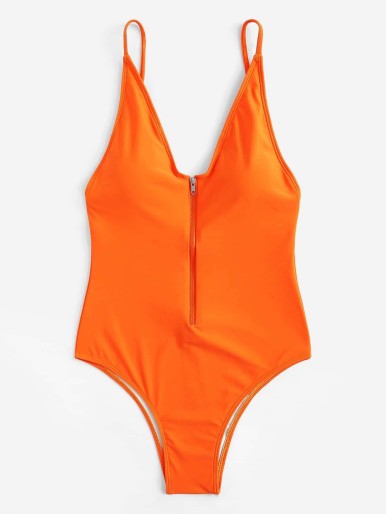 Zipper Front Low Back One Piece Swimwear