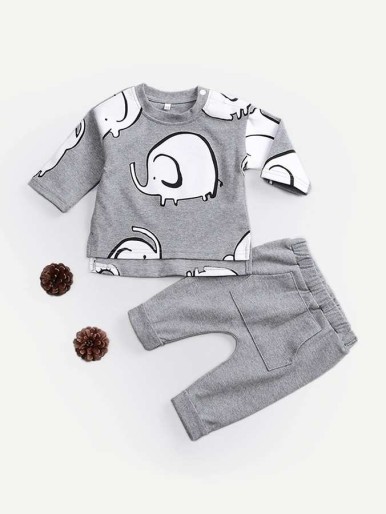 Baby Cartoon Print Dip Hem Top With Pants