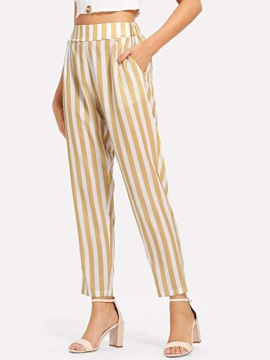 Pocket Side Elastic Waist Striped Pants