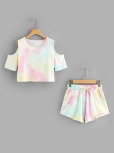 Open Shoulder Water Color Tee With Shorts