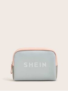 SHEIN Logo Print Colorblock PU Cosmetic Bag