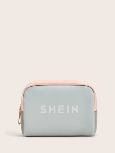 SHEIN Logo Print Colorblock PU Cosmetic Bag