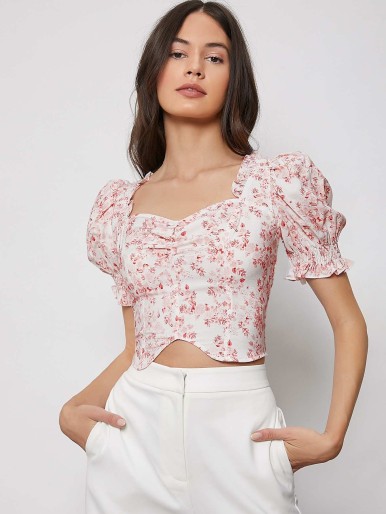 SHEIN Floral Shirred Milkmaid Top