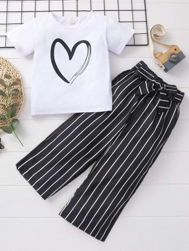 Toddler Girls Heart Print Tee & Striped Belted Pants