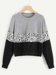 Cut And Sew Leopard Panel Sweatshirt