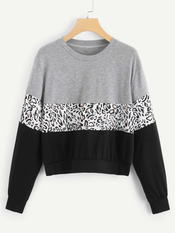 Cut And Sew Leopard Panel Sweatshirt