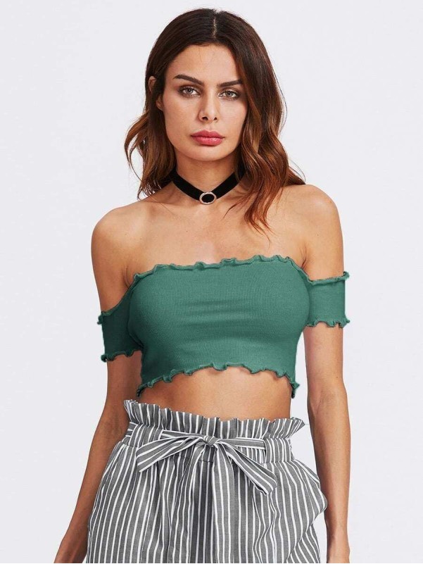 Off Shoulder Lettuce Edge Trim Crop Top