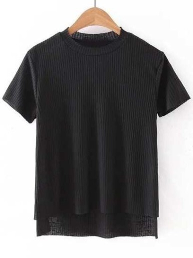 Black Dipped Hem Short Sleeve Rib T-shirt