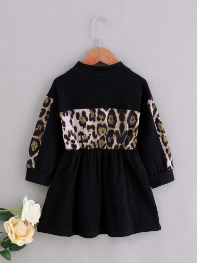 Toddler Girls Leopard Colorblock Half Zipper Dress