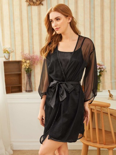 Satin Cami Dress With Sheer Belted Robe