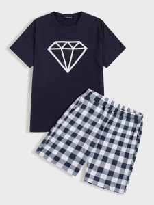 SHEIN Men Diamond Print Top & Gingham Shorts PJ Set