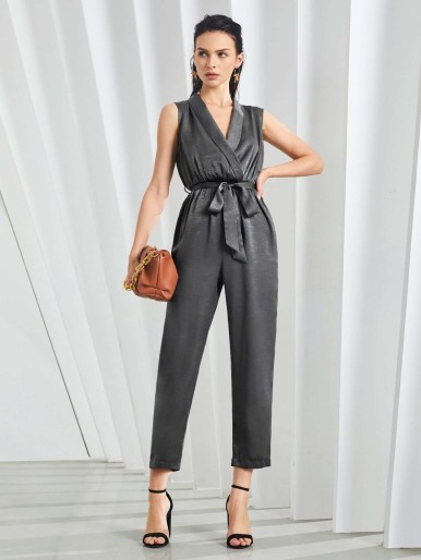 Shawl Collar Surplice Front Belted Jumpsuit