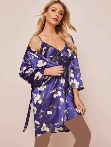2pack Floral Print Satin Cami Night Dress With Belted Robe