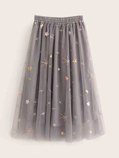Plus Star Pattern Mesh Flared Skirt