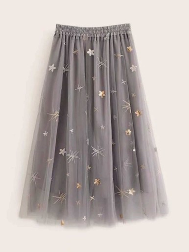 Plus Star Pattern Mesh Flared Skirt
