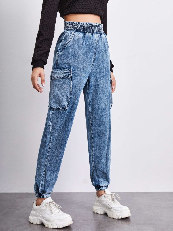 Women's Elastic High Waist Flap Pocket Cargo Pants Grey