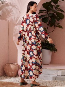 Allover Floral Print Tie Neck Smock Dress