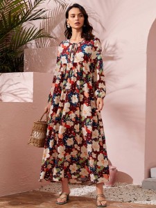 Allover Floral Print Tie Neck Smock Dress