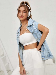 Button Front Flap Pocket Ripped Denim Vest Jacket