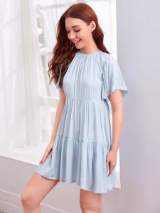 Solid Butterfly Sleeve Babydoll Dress