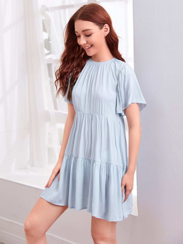 Solid Butterfly Sleeve Babydoll Dress