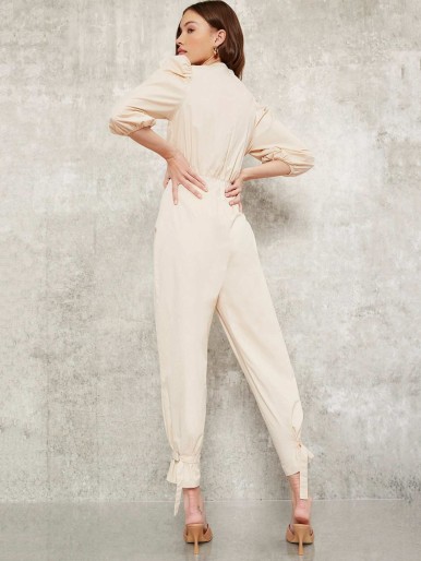 SHEIN Lace Up Puff Sleeve Knot Hem Jumpsuit