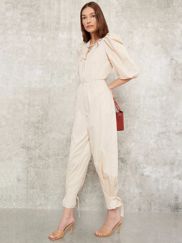 SHEIN Lace Up Puff Sleeve Knot Hem Jumpsuit