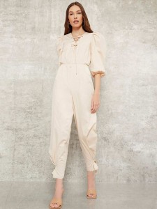 SHEIN Lace Up Puff Sleeve Knot Hem Jumpsuit