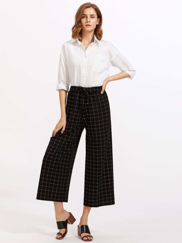 Windowpane Print Tie Waist Wide Leg Pants 