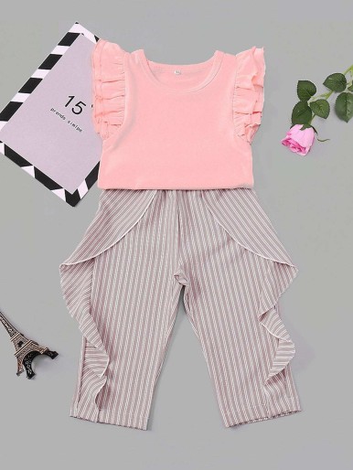 Toddler Girls Frill Top With Ruffle Side Striped Pants
