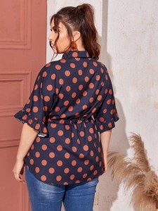 SHEIN Plus Collared Buttoned Front Ruffle Cuff Drawstring Waist Polka Dot Blouse