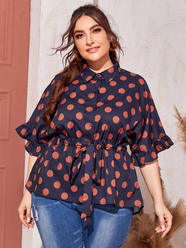 SHEIN Plus Collared Buttoned Front Ruffle Cuff Drawstring Waist Polka Dot Blouse