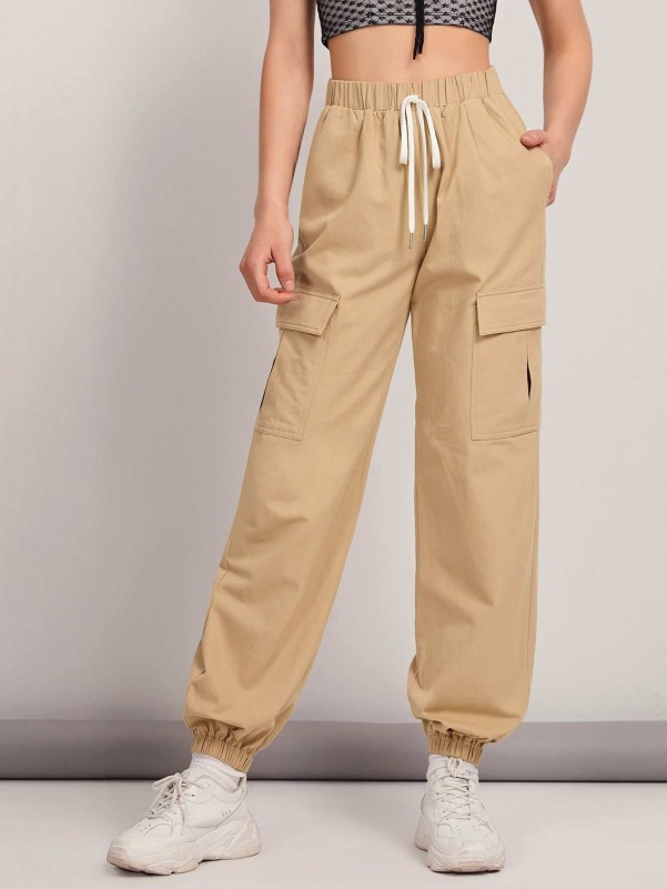 SHEIN Solid Color Teen Girls' Casual Sporty High Waisted Cargo Pants