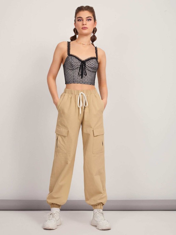 Drawstring Flap Pockets Jogger Pants, Vintage Solid Faux Leather Cargo Pants,  Women's Clothing, Check Out Today's Deals Now