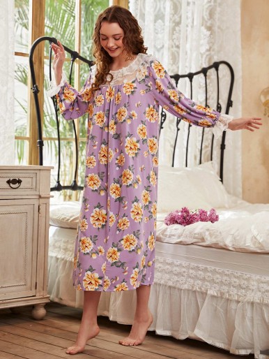 Floral Contrast Lace Nightdress