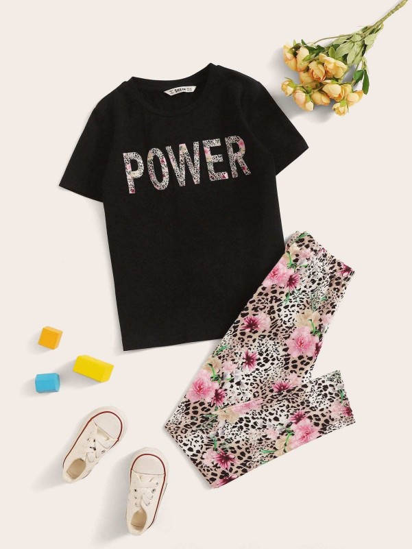 SHEIN Girls Letter Graphic Tee and Leopard Leggings Set