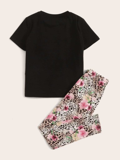 SHEIN Girls Letter Graphic Tee and Leopard Leggings Set